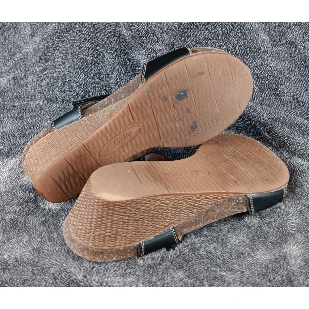 Clarks Collection Women Black‎ Leather Wedge Sandals Comfort Soft Cushion Size 8